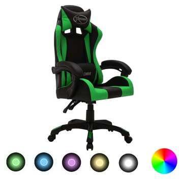 Cadeira Gaming Luzes LED Rgb Couro Artif. Verde/preto